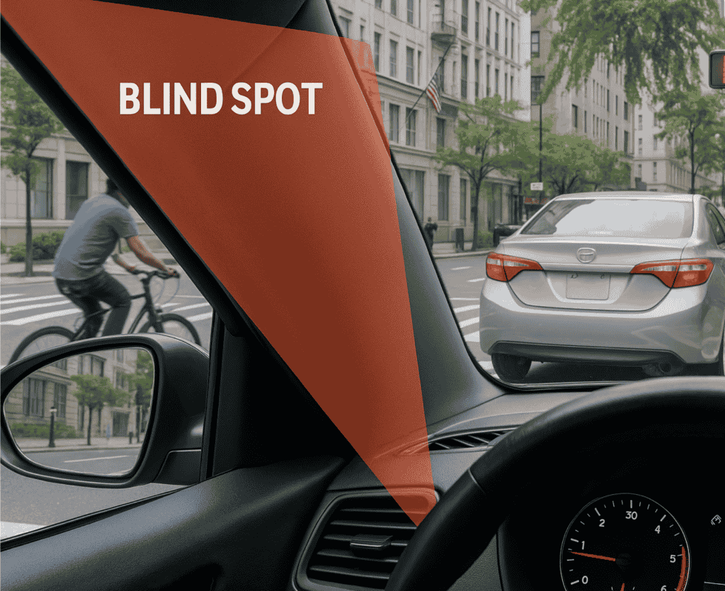 Driver’s perspective showing a cyclist hidden in the car’s blind spot on a busy NYC street